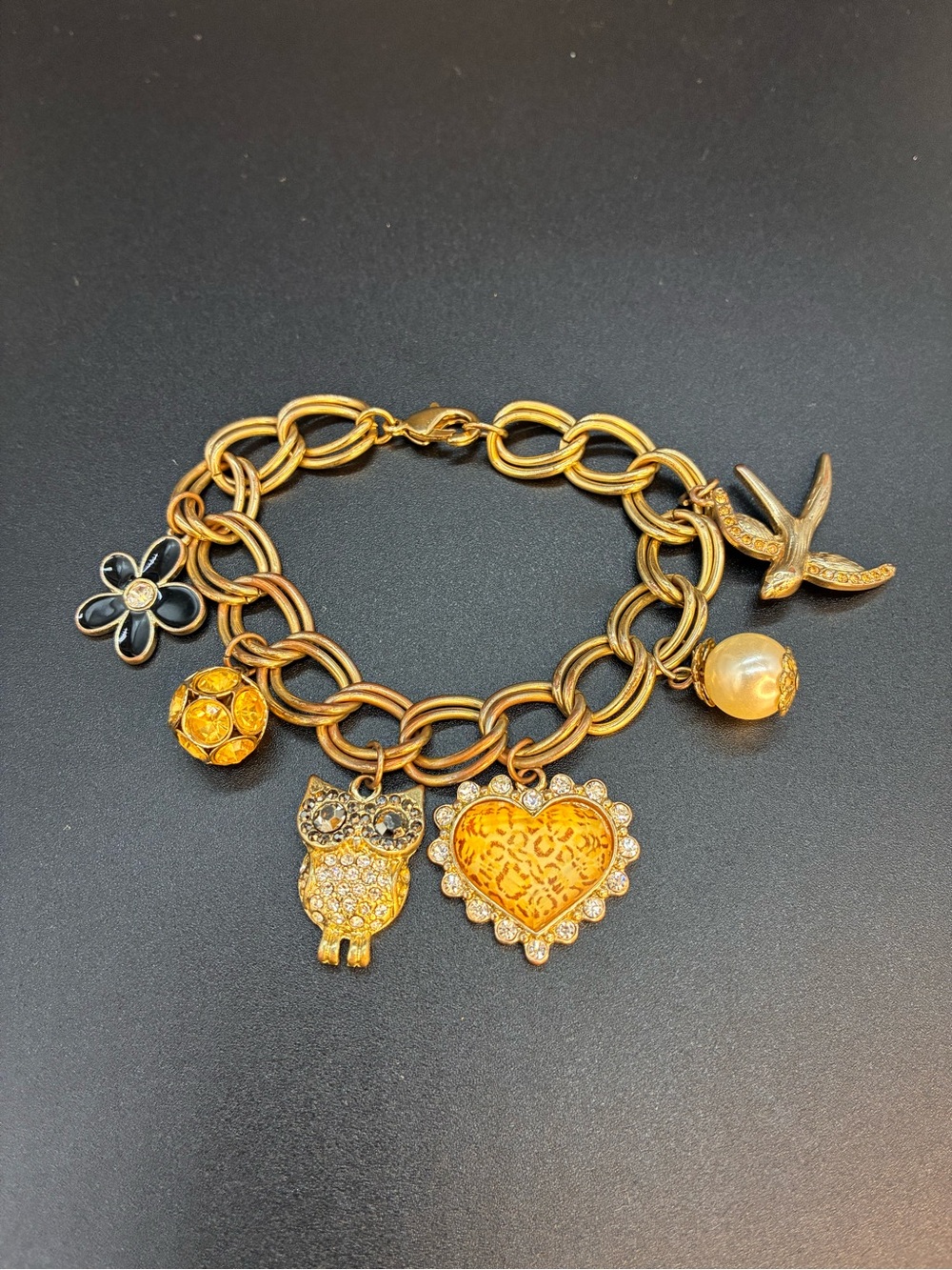 Gold Charm Bracelet with Owl, Heart & Flower Charms
